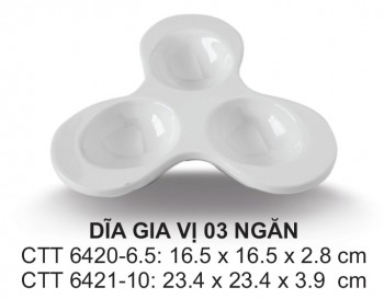 CTT6421-10 Dĩa Chấm 3 Ngăn Oval 10 (Trắng Trơn) - ET